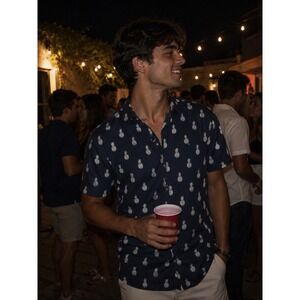 Denim & Flowers Men's Button Down Short Sleeve Shirt Black Pineapple Slim Fit S